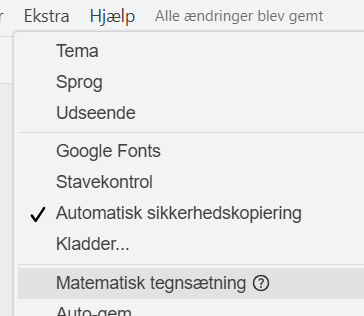 Ekstra-menuen med Matematisk tegns&aelig;tning markeret