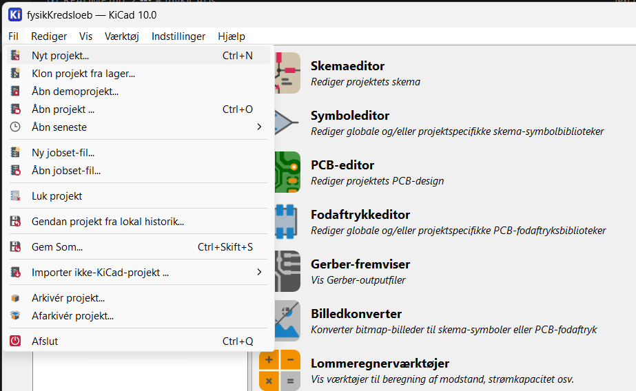 Første vindue i KiCAD ved oprettelse af nyt projekt