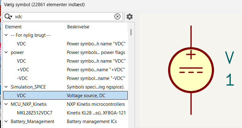 Placer VDC-symbol fra Simulation_SPICE