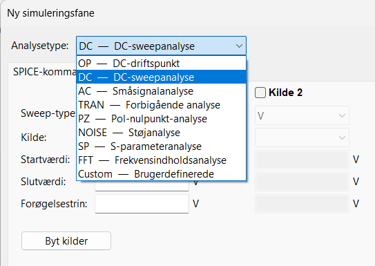 DC sweep-analyse i KiCAD, hvor V1 sweeps fra 0 til 5 V