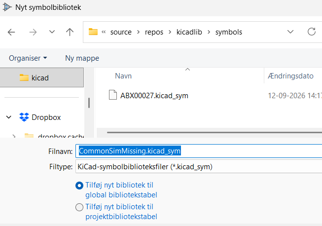 Symbol Editor - fil dialog ved oprettelse af nyt bibliotek