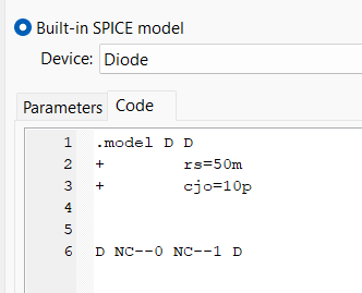 Kodevisning for standard diode i KiCAD simulering