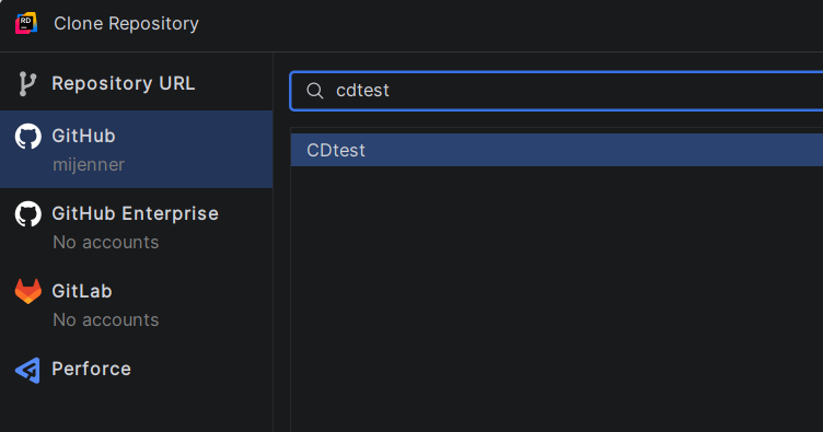 Clone Repository-vinduet med GitHub valgt og søgning efter repositoriet