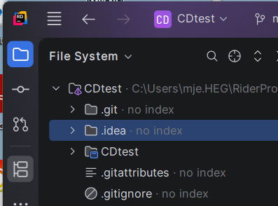 File System-visning med .git-, .idea- og .gitignore fremhævet