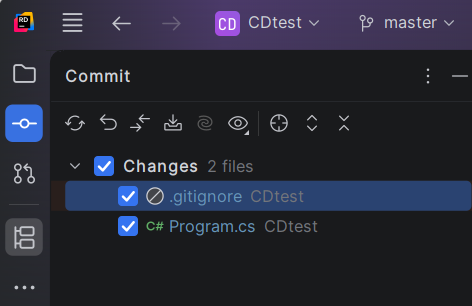 Commit-vinduet med Changes valgt: .gitignore og Program.cs