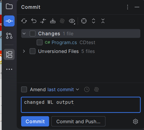 Commit-vinduet med commit-besked og Commit-knappen